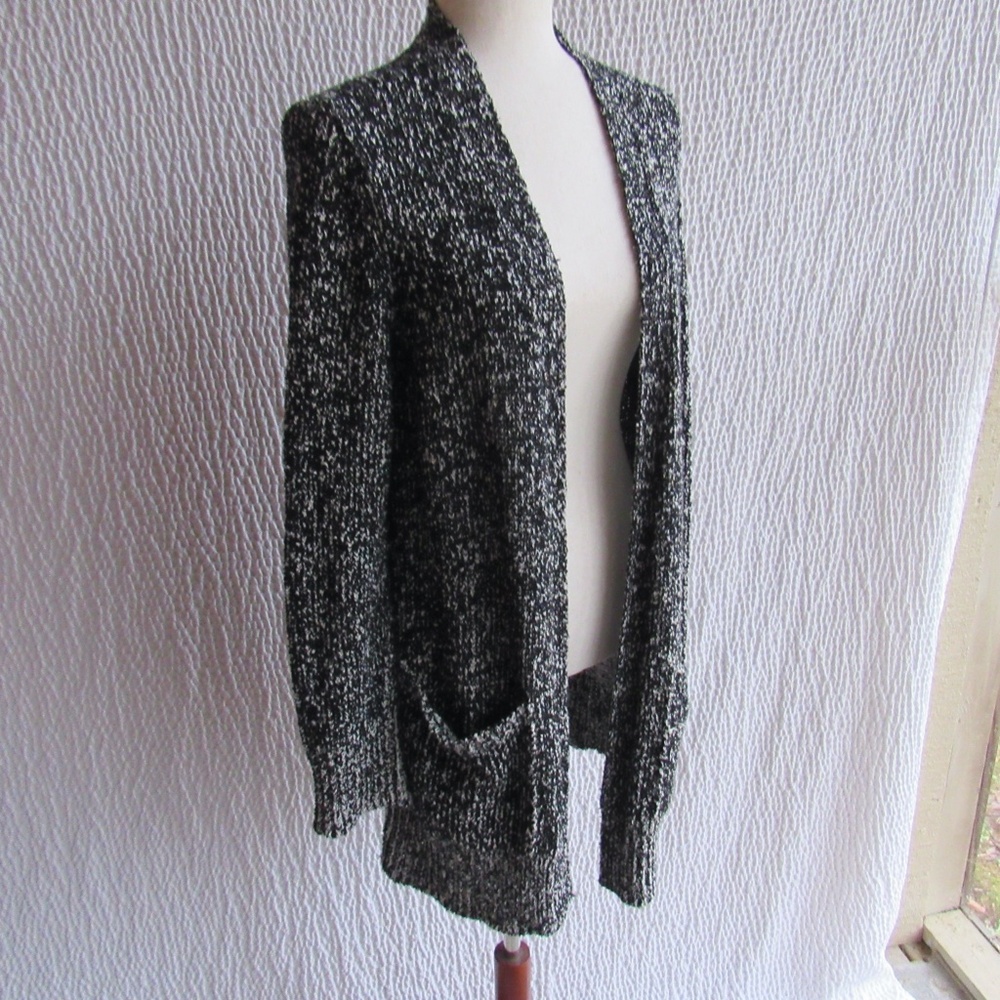 Eileen Fisher Organic Cotton Black White Bouclé Open Long Cardigan XS